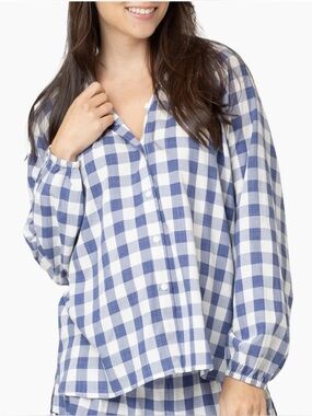 Nom Blue Gingham Peasant Blouse Size M Boho Plaid 3/4 Sleeve Top